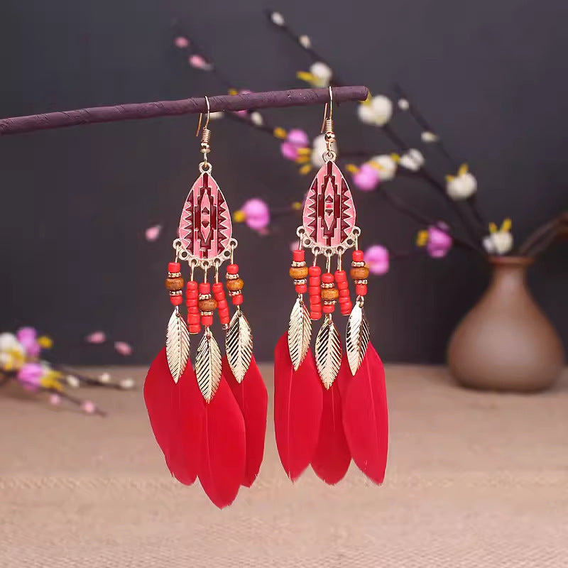 Ethnic Style Long Feather Temperamental Tassels Personality Earrings