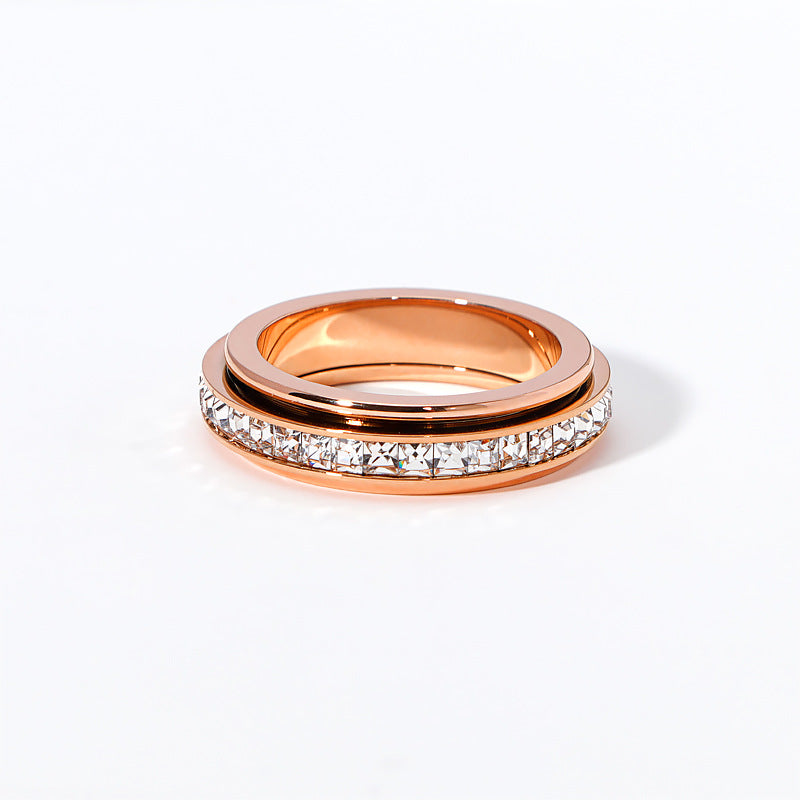 Women's Live Broadcast Simple Single Row Diamond Rotatable Rose Gold Rings