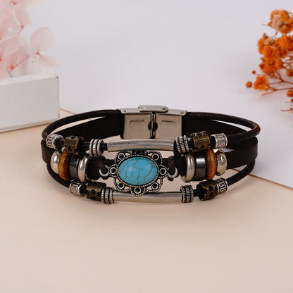 Men's Turquoise Stainless Steel Leather Hand-woven Cowhide Bracelets