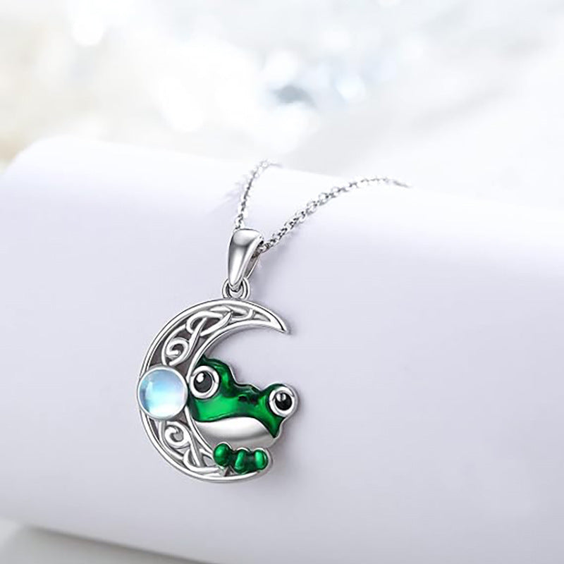 Fashion Little Frog Hollow Moon Bend Gem Dripping Necklaces