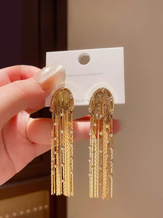 Sier Needle Metal Tassel Female Exaggerated Earrings