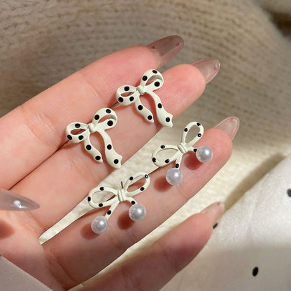 Women's White Polka Dot Bow Pearl Sier Needle Earrings