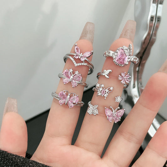 Sweet Cool Simple Graceful Pink Diamond Butterfly Opening Rings