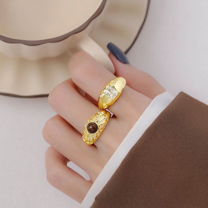 Tigereye Square Diamond Wide Design Light Luxury Rings