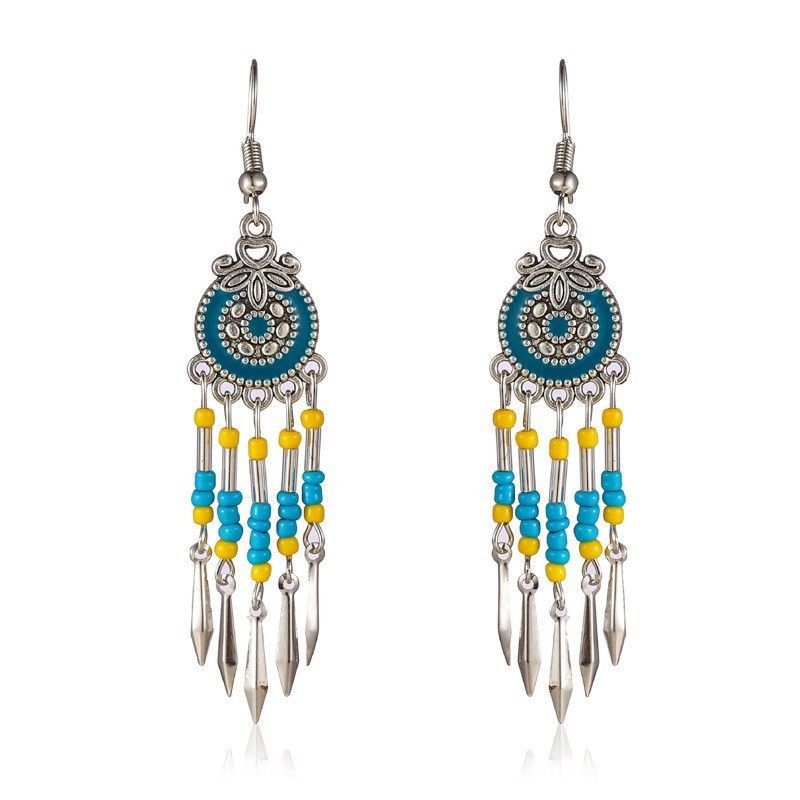 Tassel Turquoise Retro Imitation Miao Sier Minority National Style Earrings