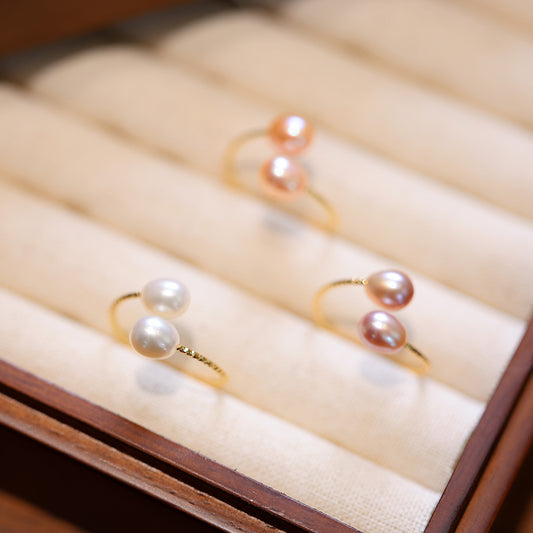 Women's French Elegant Natural Freshwater Pearl Three-color Open Mouth Index Rings