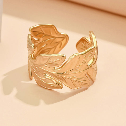 Women's Fashion Wide Leaves Stainless Steel Open Oil Pressure Rings