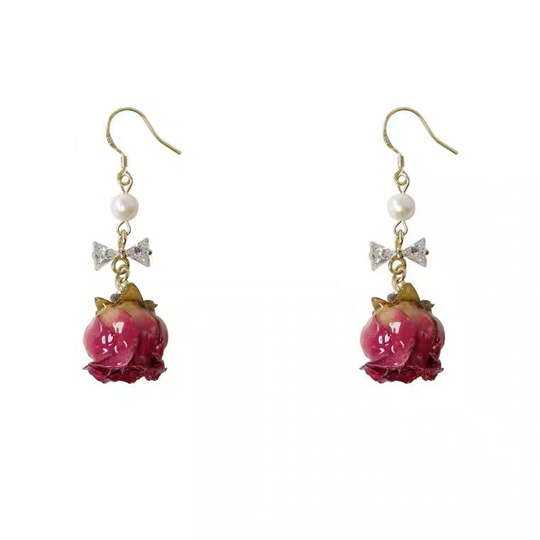 Flower Rose Real Dried Female Autumn Retro National Earrings