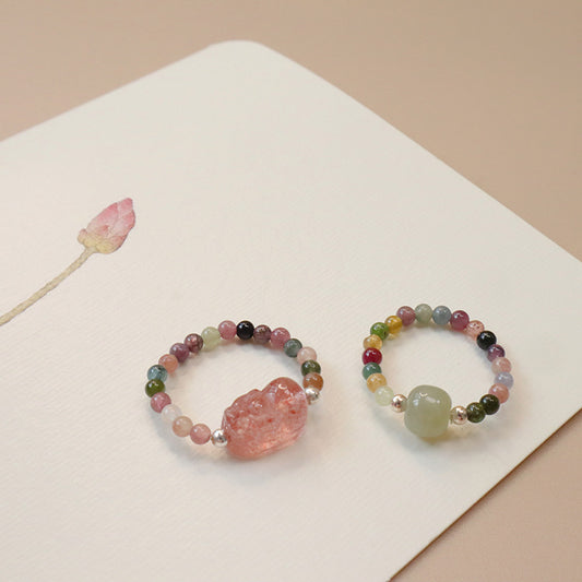 Tourmaline Sterling Sier Chinese Style Strawberry Quartz Charm Elastic Rings