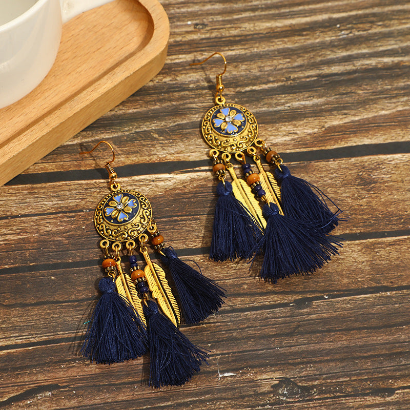 Ethnic Style Long Feather Temperamental Tassels Personality Earrings