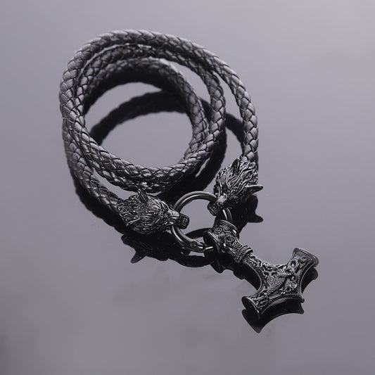 Men's Leather Woven Hammer Celtic Wolf Head Pendants