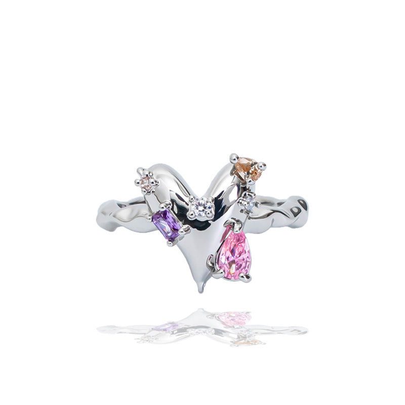 Women's Colorful Heart-shaped Zircon Style Combination Niche High Sense Adjustable Rings