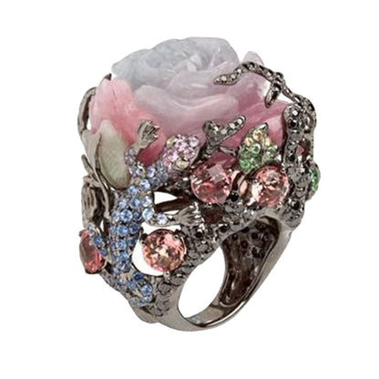 Women's Ornament Peony Flower Timbo Stone Lizard Rings