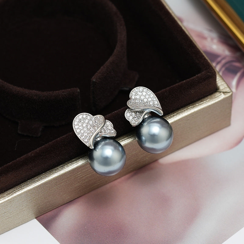 Double Heart Zircon Pearl Light Luxury Earrings