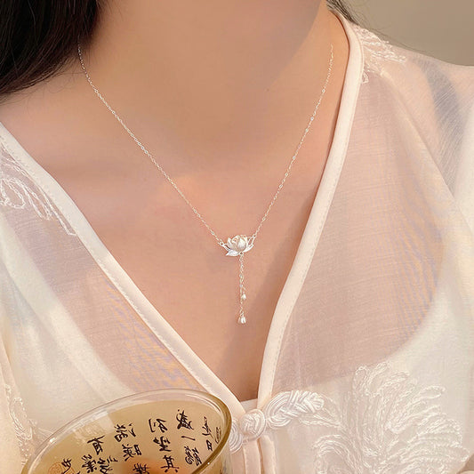 Women's Pure Sier Lotus Tassel Retro Chinese Necklaces