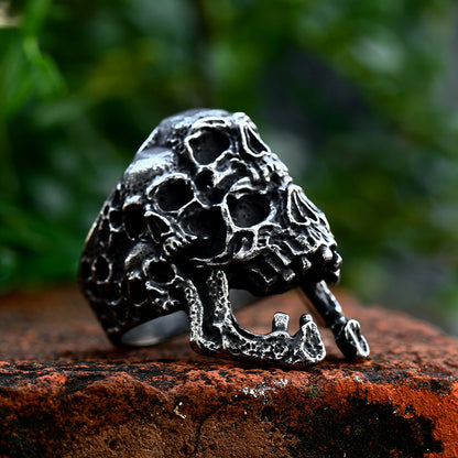 Men's Stainless Steel Double Skull Titanium Ornament Rings