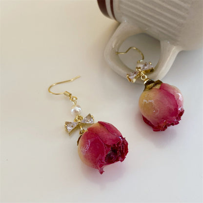 Flower Rose Real Dried Female Autumn Retro National Earrings