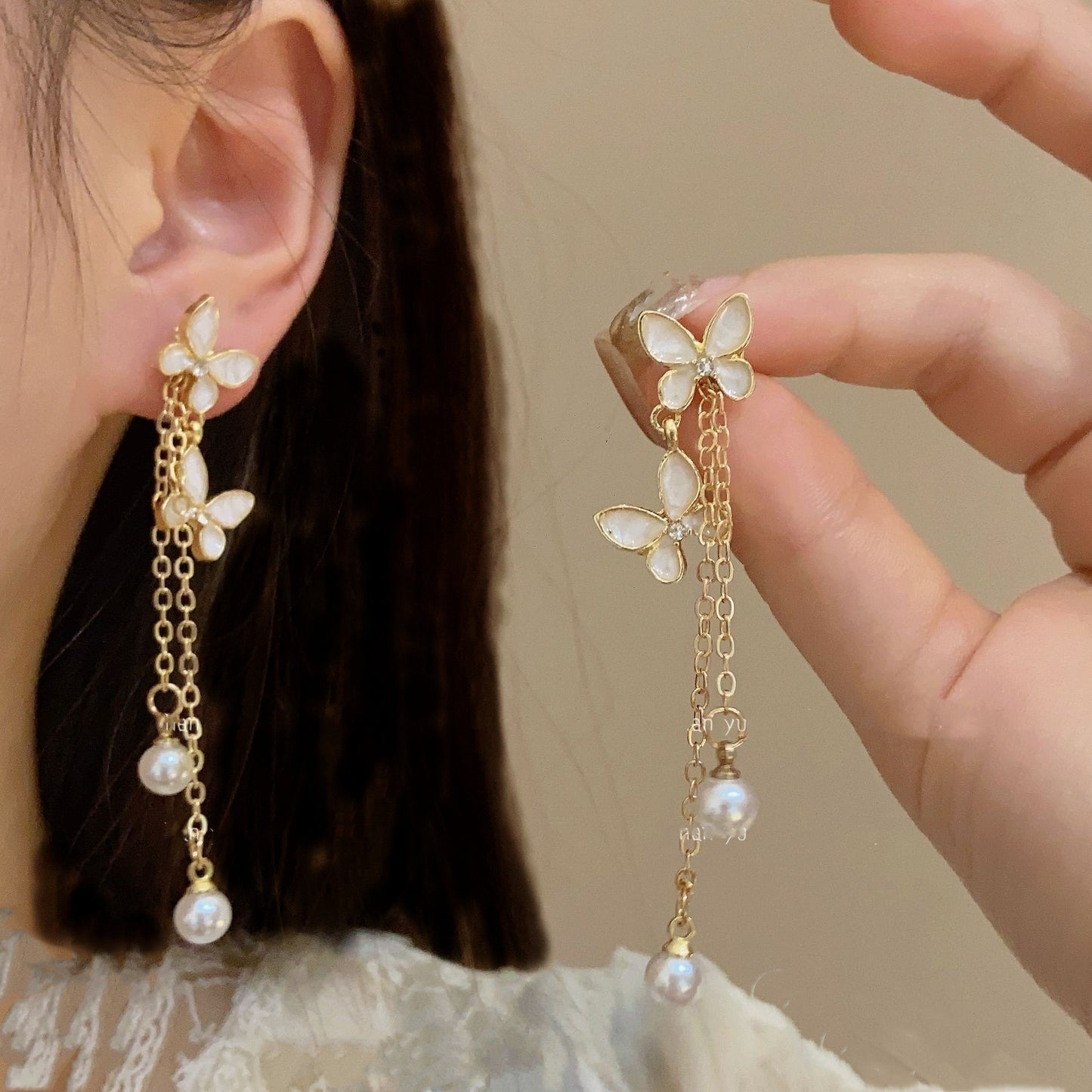 Women's Sier Needle Geometric Pearl Fashion Tassel Earrings