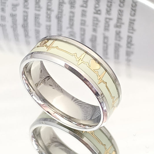 Women's & Men's Luminous Heartbeat Ecg Titanium Steel Couple Rings