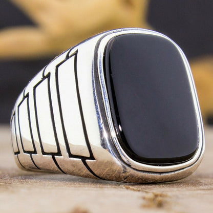 Men's Vintage Natural Black Square Agate Texture Rings