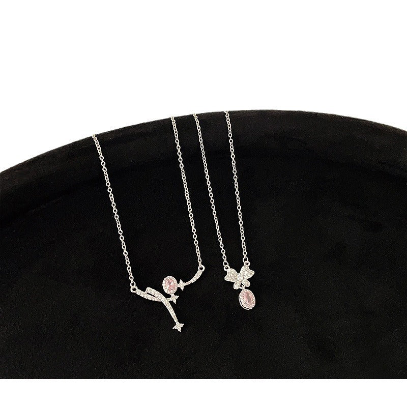 Pink Zircon Bow Meteor Female Gentle Niche Necklaces