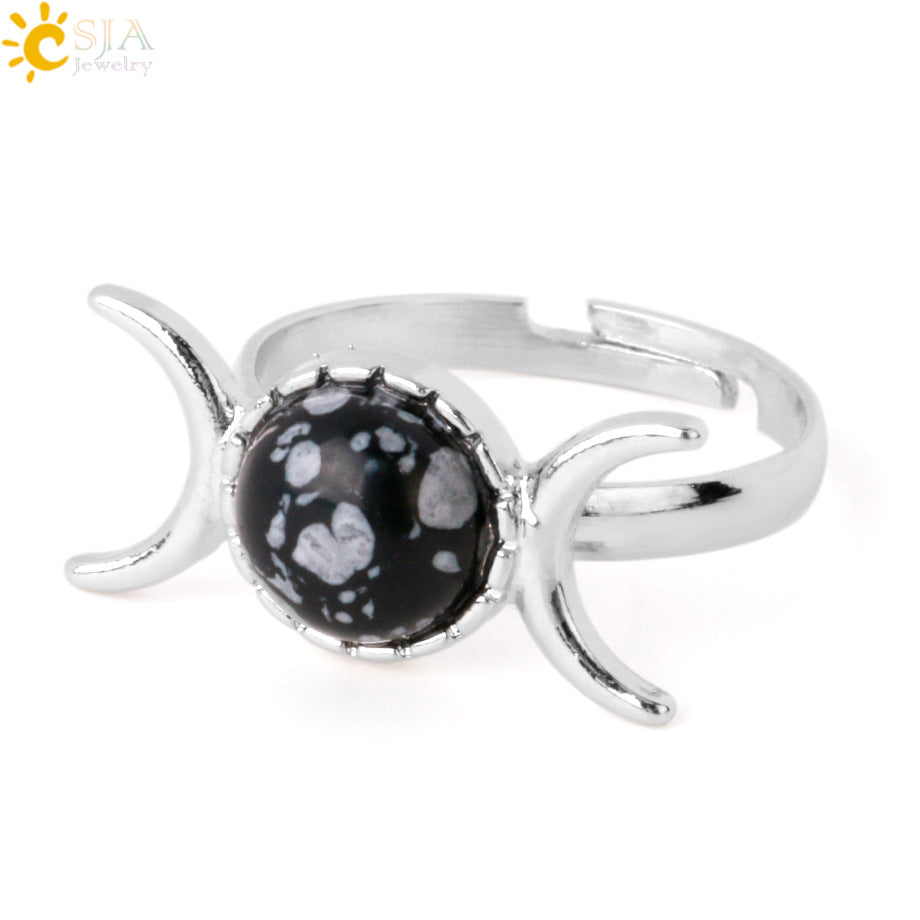 Women's Vintage Crescent Moon Sun Adjustable Sier Natural Stone Rings