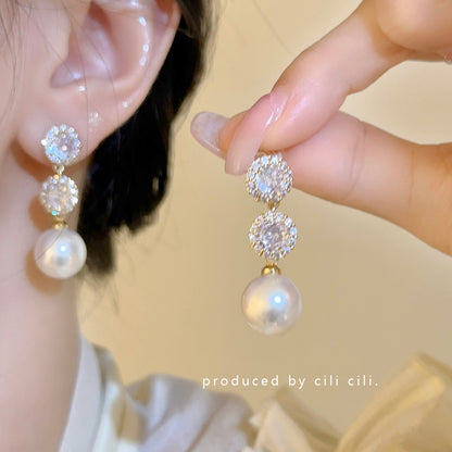 Light Luxury Minority Bow Zircon Pearl Elegant Earrings