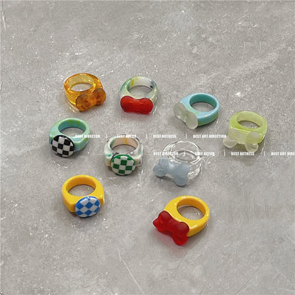 Fashionable Blooming Bow Checkerboard Resin Style Rings