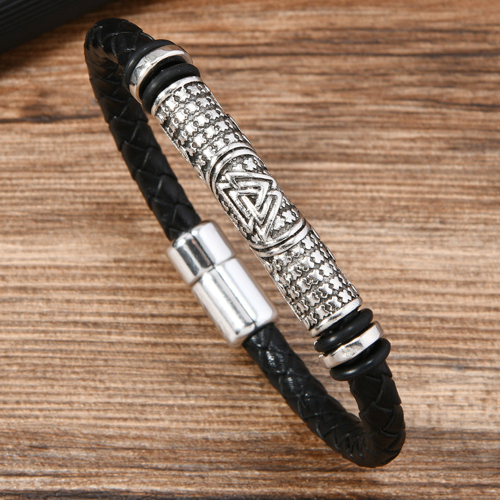 Men's Dumbbell Black Leather Woven Football Personalized Bracelets