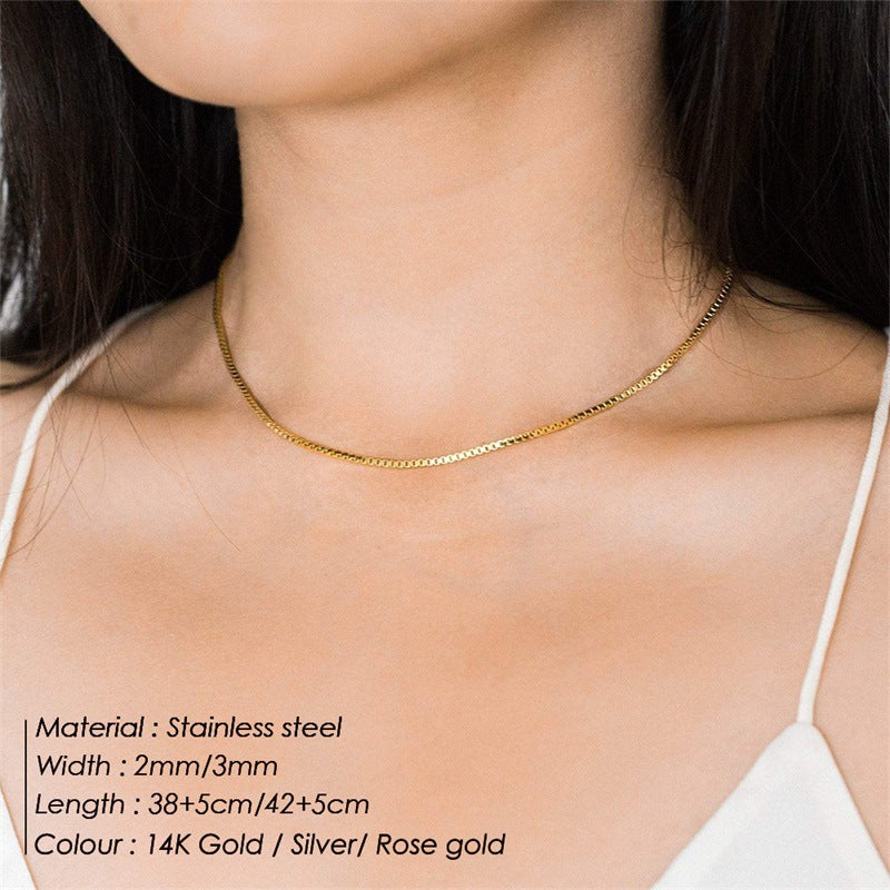 Women's & Men's Gold-plated Stainless Steel Box Chain Clavicle Trendy Necklaces