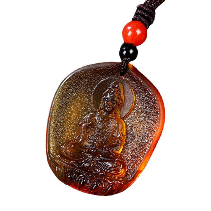 Style Mantra Glass Yellow Bodhisattva Amulet Stall Pendants