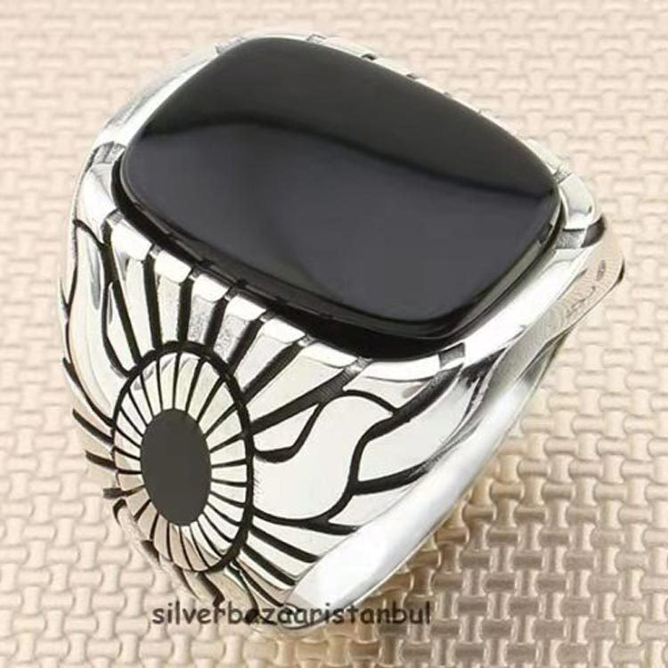 Men's Vintage Natural Black Square Agate Texture Rings