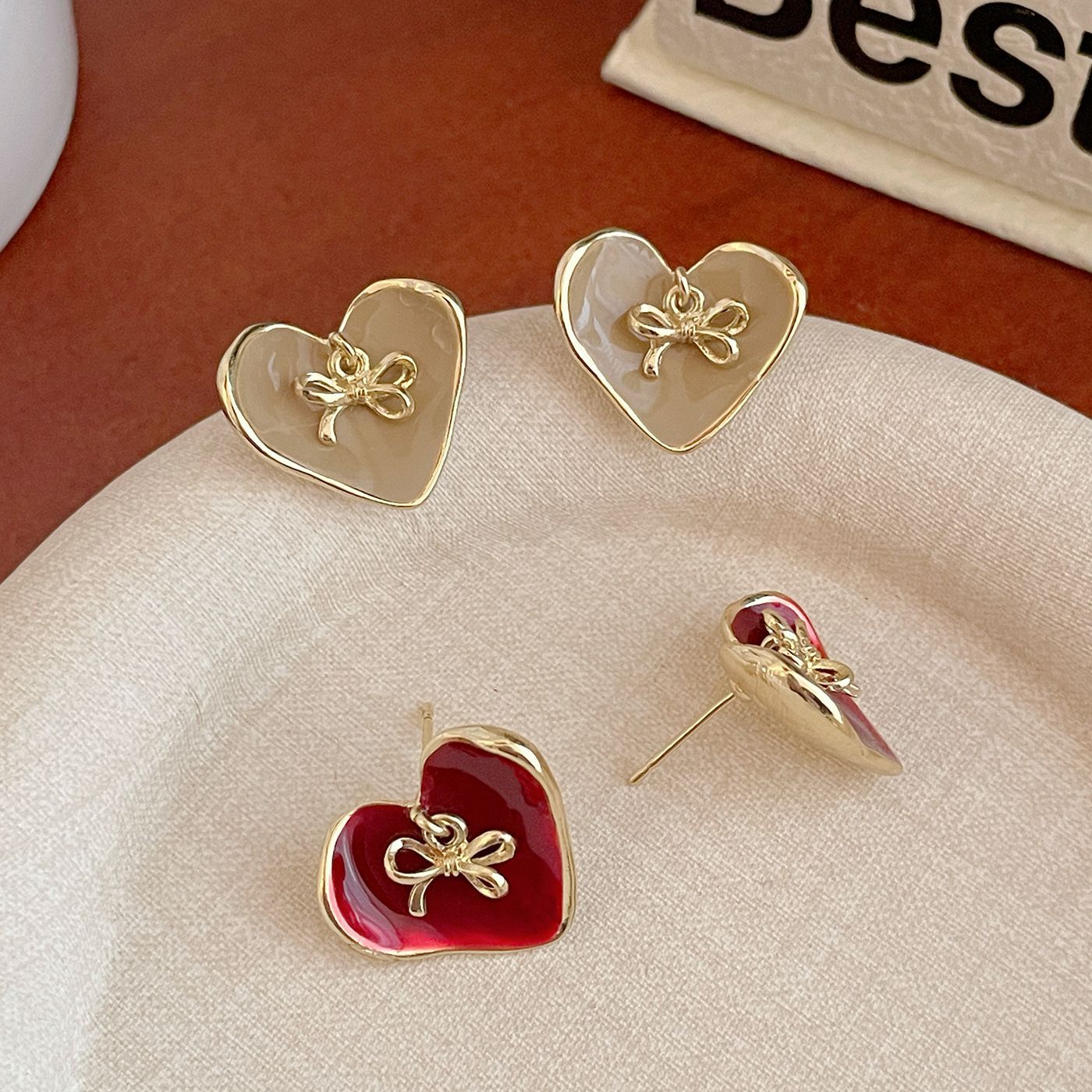 Women's Vintage Bow Drop Oil Love Heart Sier Needle Red Earrings