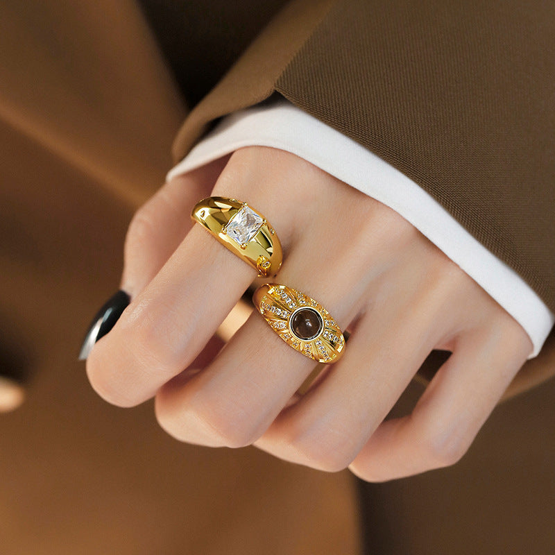 Tigereye Square Diamond Wide Design Light Luxury Rings