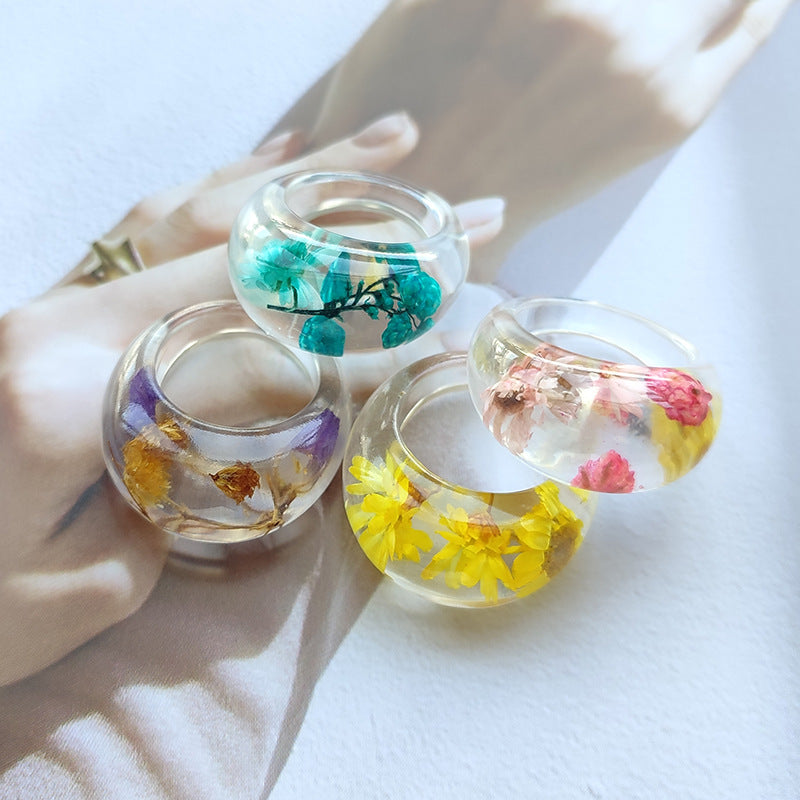 Fashion Transparent Epoxy Flower Durable Leaves Rings