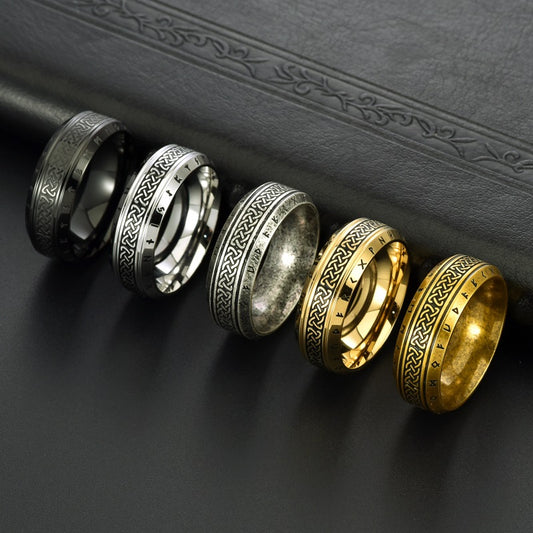 Men's Knot Viking Text Ancient Gold Titanium Rings