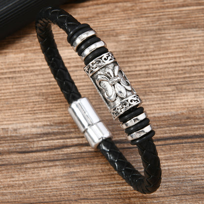 Men's Dumbbell Black Leather Woven Football Personalized Bracelets