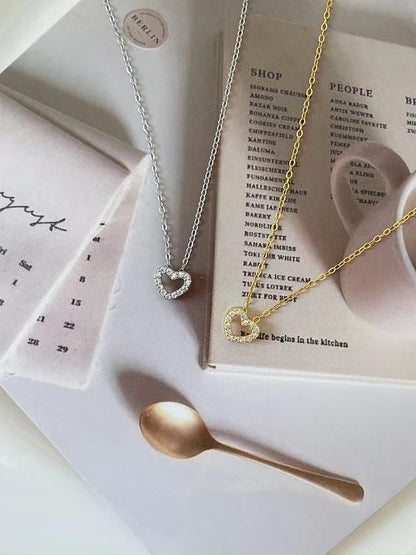 Sier Peach Heart Gold-plated Full Diamond Heart-shaped High-grade Light Necklaces