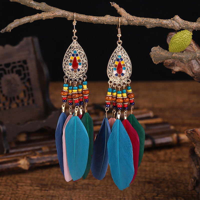 Long Feather Ethnic Style Tassel Yunnan Earrings