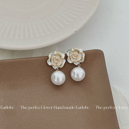 Misty Camellia Mori Style Refined Zircon Pearl Earrings