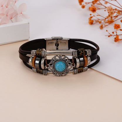 Men's Turquoise Stainless Steel Leather Hand-woven Cowhide Bracelets