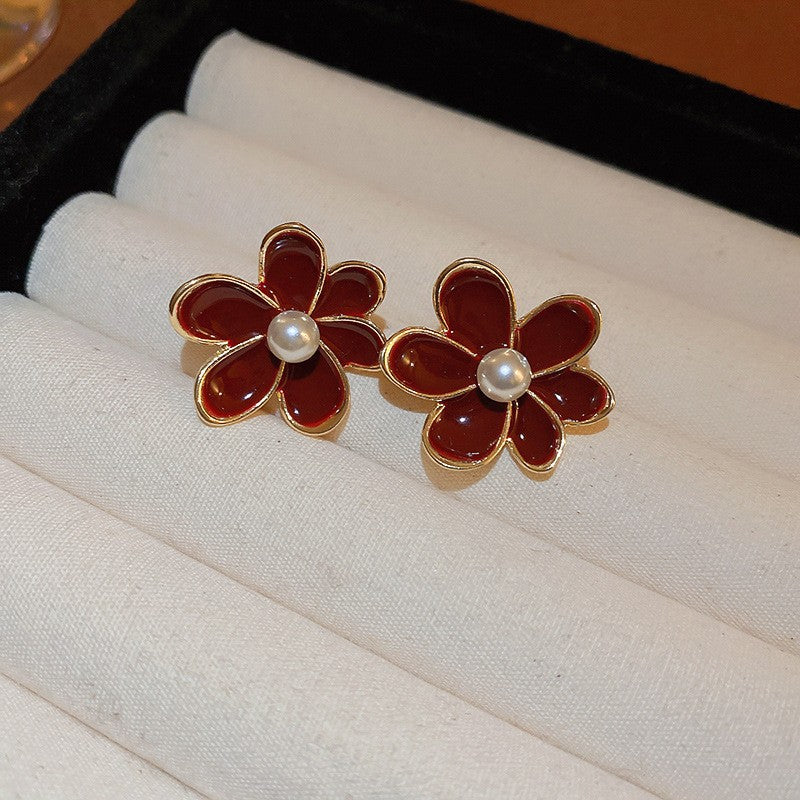 Gold Electroplated Sier Needle Red Dripping Earrings