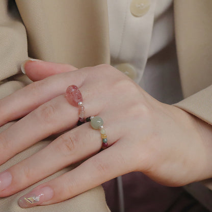Tourmaline Sterling Sier Chinese Style Strawberry Quartz Charm Elastic Rings