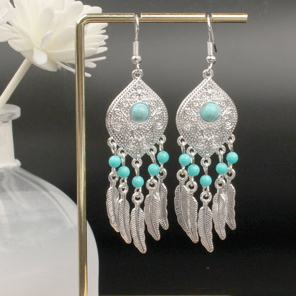 Tassel Turquoise Retro Imitation Miao Sier Minority National Style Earrings