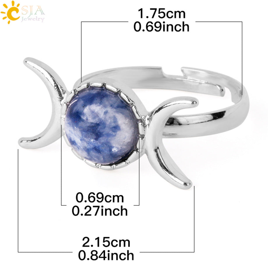 Women's Vintage Crescent Moon Sun Adjustable Sier Natural Stone Rings