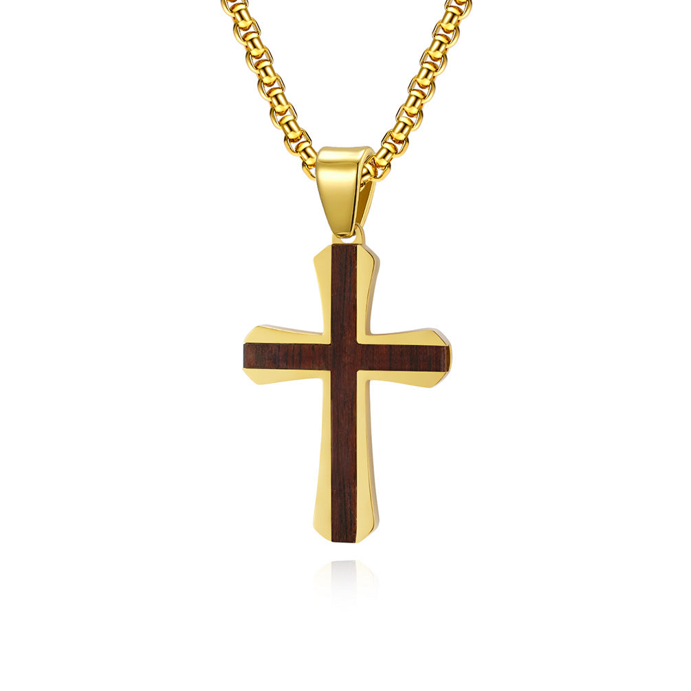 Simple Two-tone Cross Fashionable Stainless Steel Inlaid Padauk Pendants