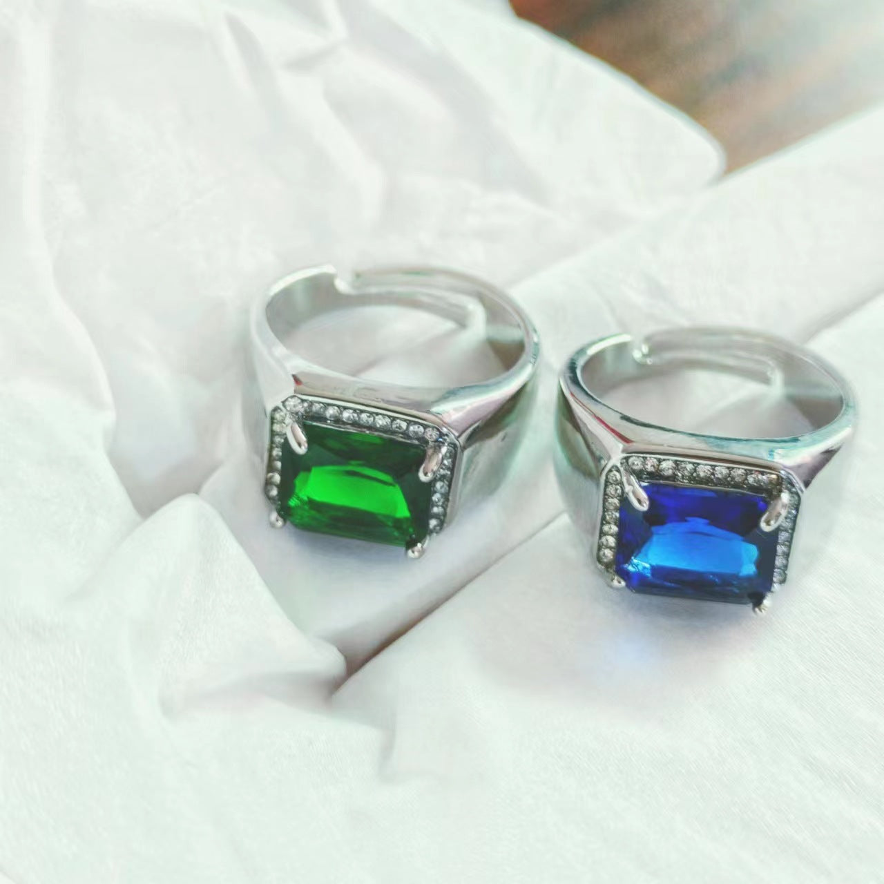 Domineering Square Sapphire Blue Corundum Diamond Full Open Rings