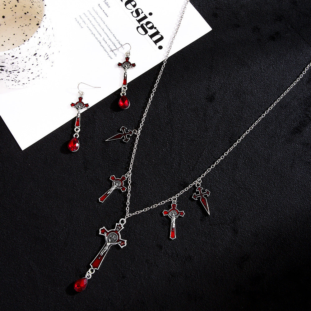 Goth Wind Exaggerated Red Water Drop Bat Cross Pendants