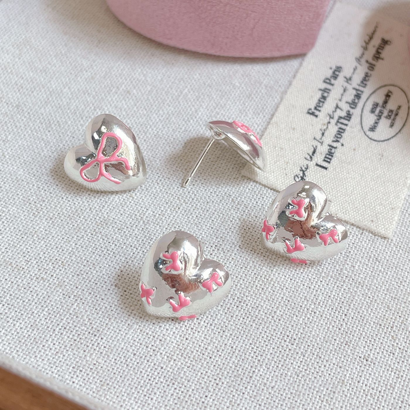 Women's Sweet Pink Bow Love Heart Sier Earrings