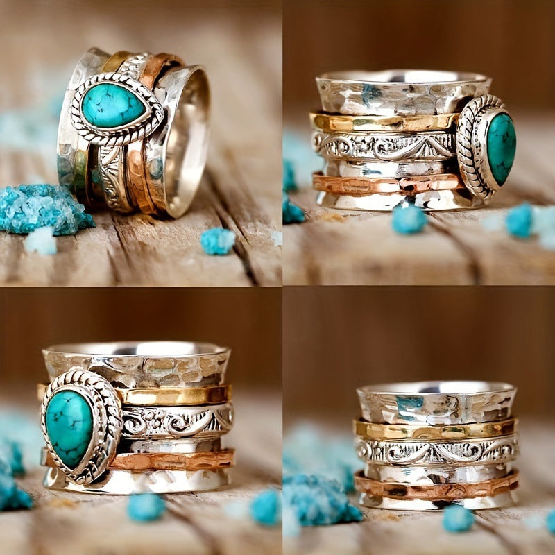 Women's & Men's Retro Style Turquoise Plated Three-color Wedding Rings